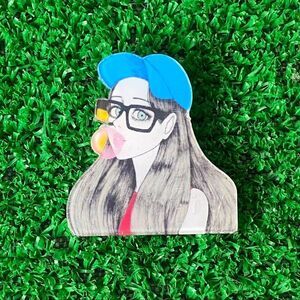Sporty Bubble Gum Hat Girl Acrylic Pin/ Brooch